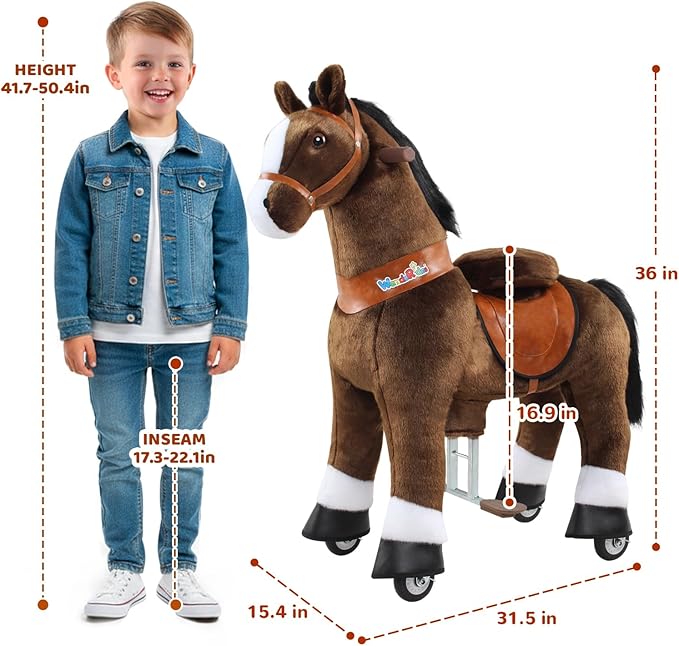 WondeRides Ride on Horse Pony Chocolate Riding Horse Toys Pony Ride Size 4 for Kids Toddlers Age 4-9, 36 inch Height Plush Walking Animal Mechanical Rocking Horse with Wheels No Battery