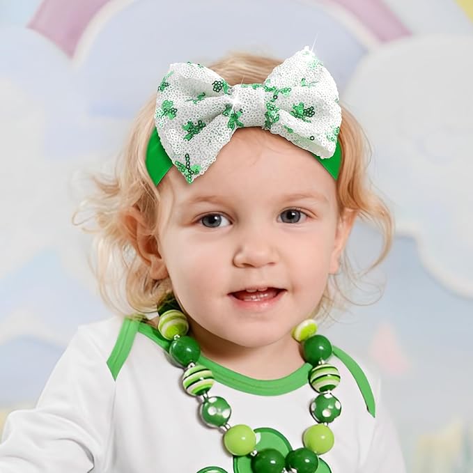 YanJie 5'' St.Patrick's Day Baby Headbands Green Sequins Bow Clover Headbands Shamrock Baby Girl Bows Large Newborn St.Patrick's Day Accessories