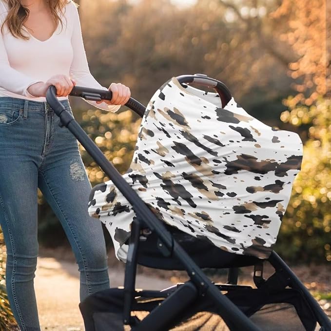 Coldinair Brown Cow Print Baby Car Seat Cover,Soft Breathable Nursing Cover,Multi-use Baby Stroller and Carseat Cover,Breastfeeding Covers