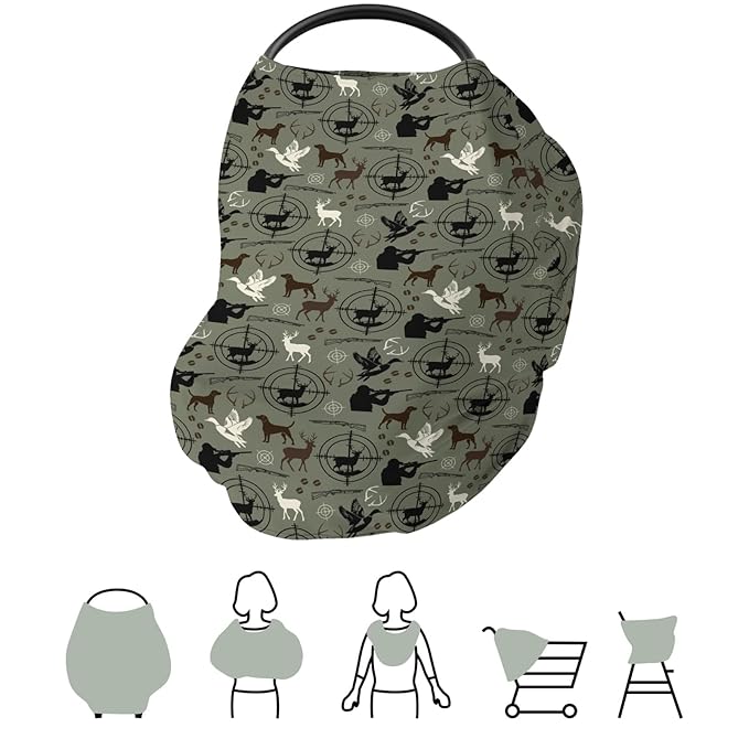 Green Hunting Deer Hunting Duck Baby Car Seat Covers Dog Hunter Stretchy 5-in-1 Cover Hunting Animals Lover Gift Adjustable Infant Carseat Canopy Cover Elk Duck Hunter Breathable Nursing Cover-Up