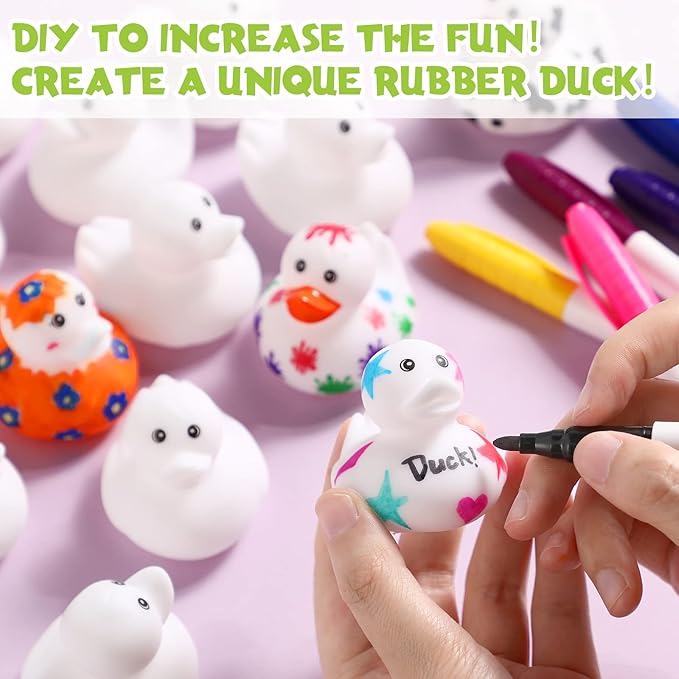 Jerify 120 Pcs 2 Inch White Blank Rubber Ducks for Kids DIY St. Patrick's Day Creative Rubber Ducks with Pens of 12 Colors for Pool Bathtub Float Cute Easter Classroom Crafts Birthday Party Favors