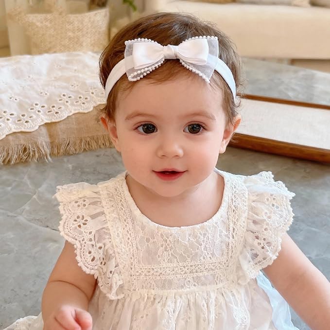 Baby Girls Headband White Bow Lace Headbands Soft Elastic Bowknot Hairbands Cute Hair Accessory for Newborn Kids Infant Toddler Baptism Birthday Party (White Bow)