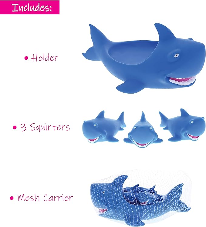 Dollibu Family Animal Bath Squirters 4 Piece Bath Toy Set, Toddler Bath Toys for Bathtime & Water Fun, Girls & Boys Floating Rubber Squirt Toys, Floaty Pool Toys for Toddlers & Kids - Blue Shark