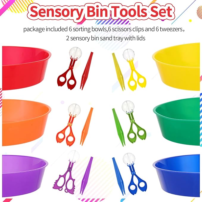 20 Pcs Sensory Bin Tools Set Include Storage Bins with Lids Tweezer Scissor Clips Sorting Bowls Fine Motor Skill Toy
