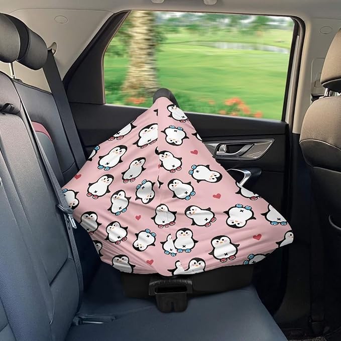 Biyejit Penguin Print Copper Pearl Multi-Use Cover: Car Seat Covers, Nursing Cover, and Stroller Cover for Sun - Stretchy Fabric, All-Season Use, Stylish Designs, Easy Access for Moms