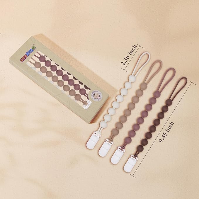 4 Pcs Brown Baby Silicone Teething Pacifier Clip,One-piece Design,Round Shape,Smooth Surface,BPA Free.