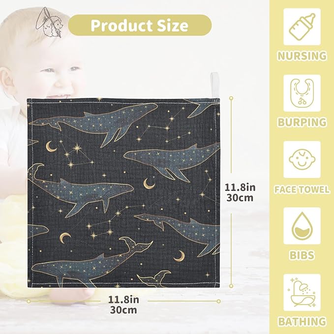 vvfelixl Baby Muslin Washcloths Celestial Constellation Whale Baby Burp Cloths Cotton Baby Face Towel for Newborn Infants Boys Girls Soft and Absorbent 11.8 X 11.8 in, 3 Pack