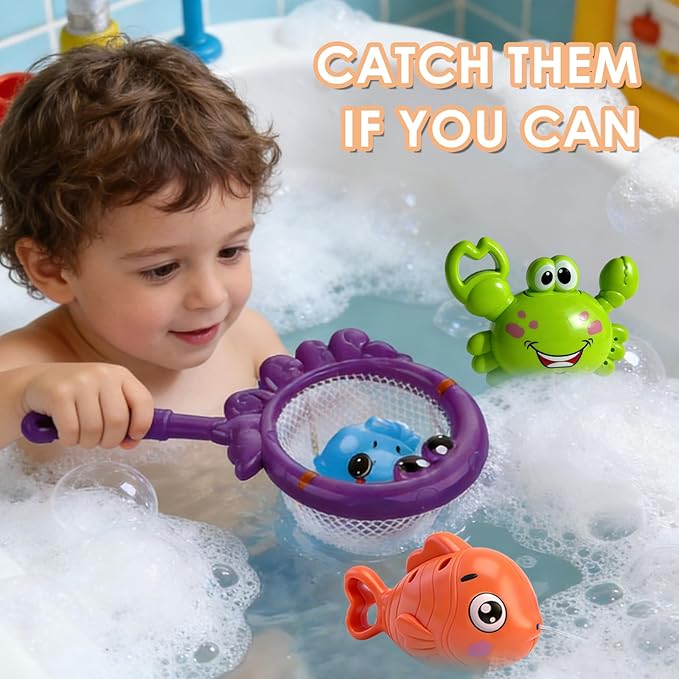 Baby Bath Toy for Toddlers, Fishing Game Bath Toy with 3 Floating Sea Animals, Fishing Pole & Fishing Net, Fun Bathtub Games for Kids Ages 18 Months+