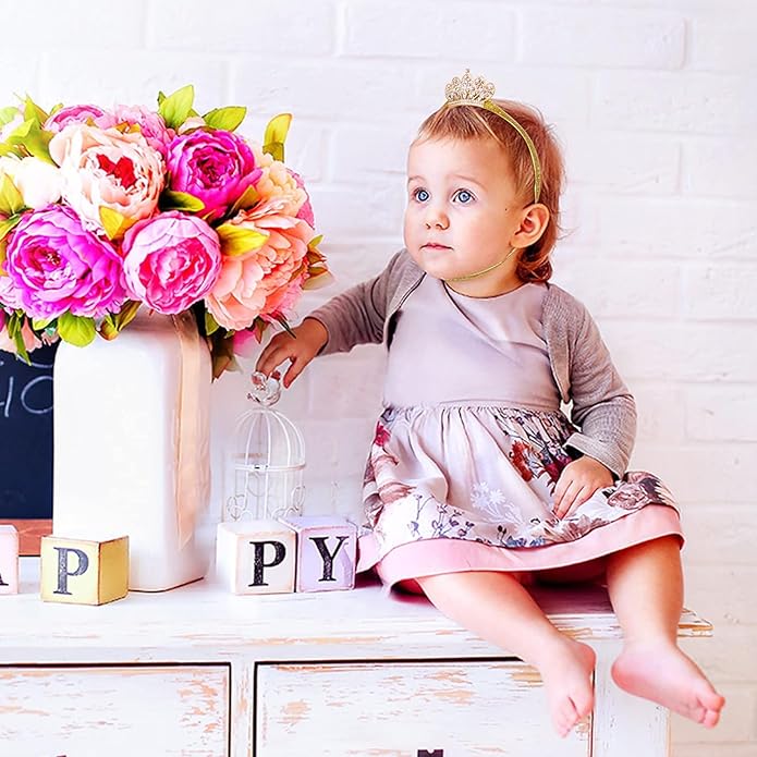 2PCS Gold Baby Tiara Glitter Baby Crown Headband Crystal Crown Hair Belt for Little Girl Infant Princess Tiaras Birthday Elastic Hair Band for Photography Headband Props