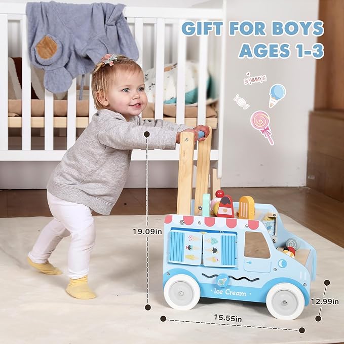 labebe Baby Push Walker, Wooden Activity Walker for Boys Girls 12M+, Push Walker Toy for Kids Learning to Walk, Adjustable Speed Learning Walking with Wheels, Birthday Gift for Babies Ages 1-3 (Blue)