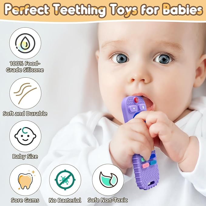 AiTuiTui Baby Teething Relief Sensory Chew Toys for 3 6 9 12 Months, Silicone Infant Teether Remote Control Bath Toy for Newborn Toddlers Boy Girl Autism Baby Shower Birthday Gifts, Purple