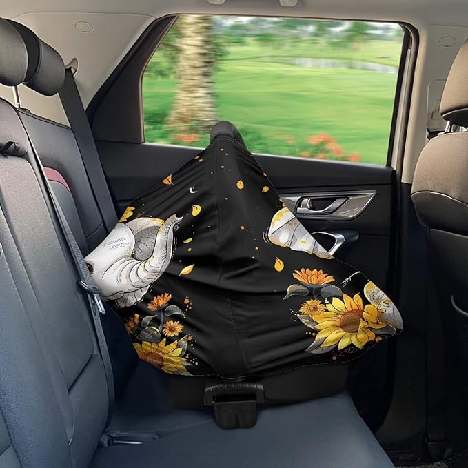 ZFRXIGN Elephant Sunflower Baby Car Seat Cover Cute Nursing Breathable Scarf Carseat Canopy Multi-Use Cover Ups for Stroller High Chair Shopping Cart Gifts Animal Black