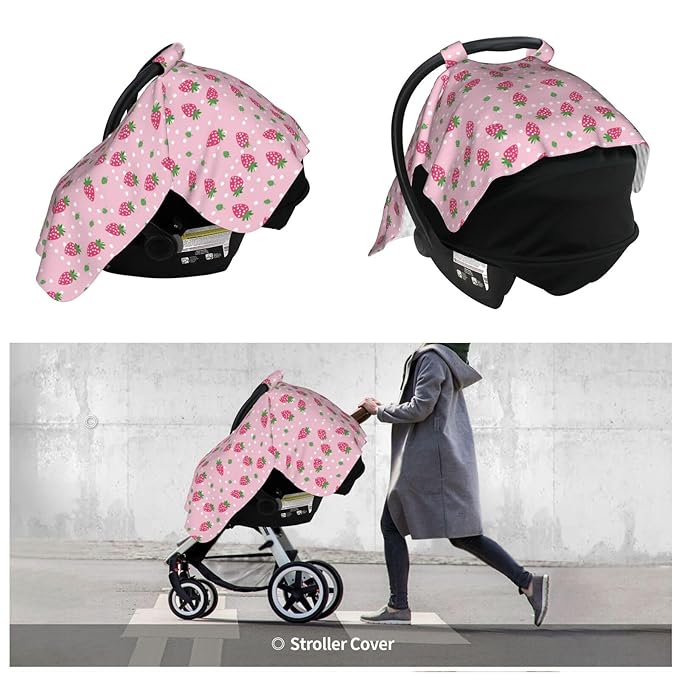 Pink and Green Strawberry Pattern Baby Car Seat Canopy and Nursing Cover for Breastfeeding Multi-Use Cover Lightweight Infant Stretchy Carrier Carseat Winter Cover for Newborn Girls Boys