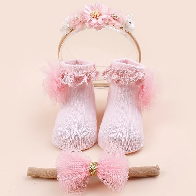 Baby Girls Headband & Socks Set, Cute Socks with Flower Hair Bows Baby Accessories Gifts for Newborn Infant Toddler