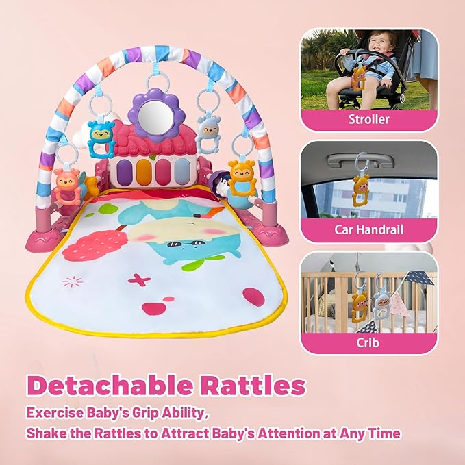Cuterabit Baby Gym Play Mat, Musical Activity Center for Baby, Kick and Play Piano Gym, Tummy Time Play Mat for Newborn Babies Infants Boys Girls 0-3-6-9-12 Months (Pink)