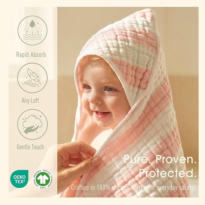 Muslin Hooded Baby Towel 4 Pack, 100% Organic Premium Cotton, (2) 6-Layer 32x32 Bath Towels & (2) Washcloths, Soft Newborn & Infant Gift Set (Pink Stripe & White)