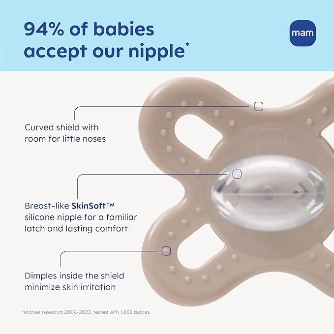 MAM Original Start Baby Pacifiers 0-3 Months, BPA-Free Skin Soft Silicone Nipple, Glows in The Dark, Developed with Medical Experts Specially for Smaller Newborn Mouths, 4 Pk, Made in Europe