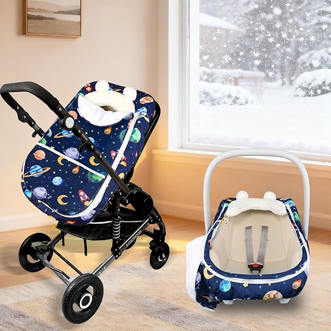 Pea Pod Winter Car Seat Cover for Baby, Infant Car Seat Canopies Cover for Newborn, Warm Plush Fleece Inner Protect Baby from Cold Wind, Space Pattern