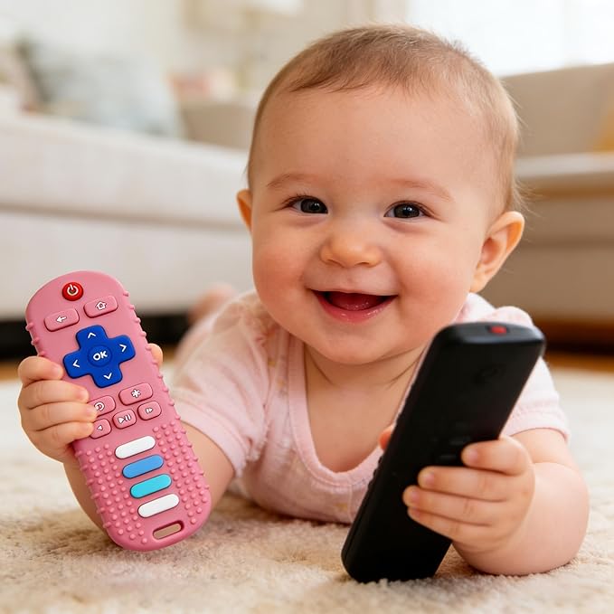 Baby Teether Toy,TV Remote Control Shape Teething Relief Chew Toy for Infants 0-12 Months,Baby Girl Toys & Baby Gift BPA Free,Pink