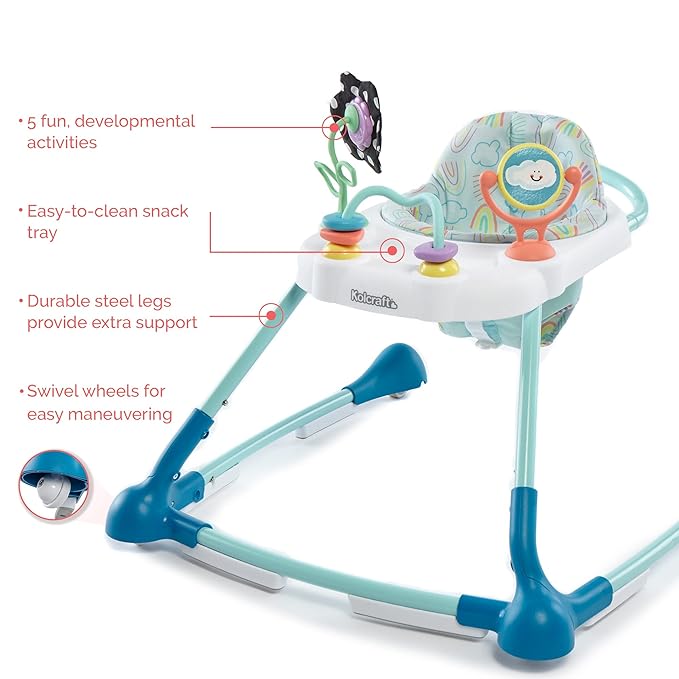 Kolcraft Tiny Steps Too 2-Stage Infant Baby Push Walker with Wheels, Seated or Walk Behind, Entertaining Developmental Learning Activities for Toddlers Boys & Girls Sturdy Frame - Clouds Rainbows
