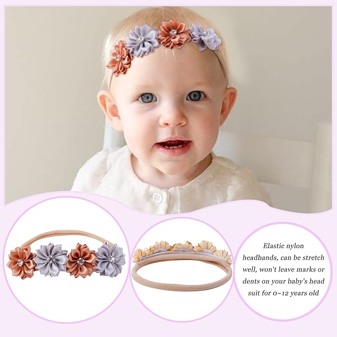 Baby Girl Flower Headband 6 PCS Elastic Hairbands Handmade Nylon Bows Headbands Chic Floral Hair Accessories Kids Gifts for Newborn Infant Toddlers