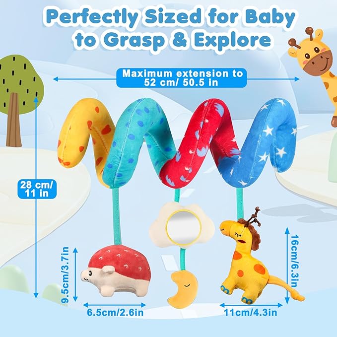 URMYWO Spiral Car Seat Toys for Babies 0-6 Months, Hanging Toy Fits Stroller, Sensory Baby Toy with Bell Crinkle Mirror, Newborn Shower Gifts for Baby Boys and Girls Essentials Stuff