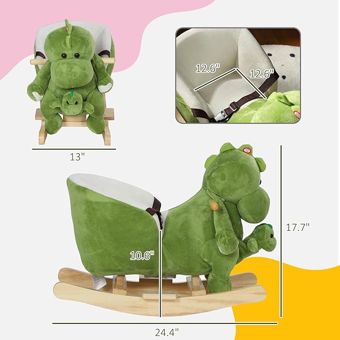 Qaba Baby Rocking Horse, Toddler Plush Dinosaur Animal Rocker with Seat Belt, 32 Songs, Hand Puppet, Kids Riding Horse Rocking Chair for 18-36 Months, Green
