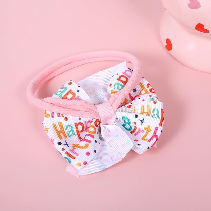 Pink Happy Birthday Hair Ribbon Bow Headband 1st First Birthday Sprinkle Confetti Ice Cream Party Dress Smash Cake Photo Decoration Accessories Gift
