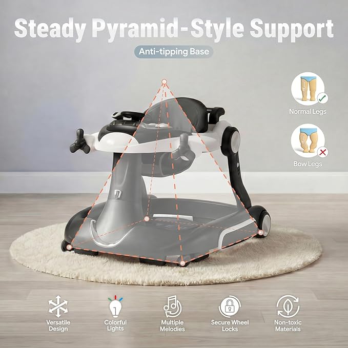 7 in 1 Foldable Baby Walker, Infant Activity Walker w/Adjustable Height, Detachable Play Tray with Music & Light, Baby Push Walker with Wheels for Boys Girls 7-18 Months, Speed Control, Black