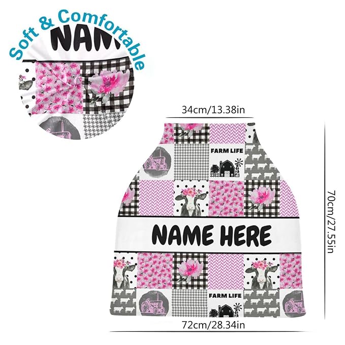Personalized Cute Cow Pink Baby Car Seat Cover for Babies with Name, Custom Farm Theme Baby Car Seats Canopy for Girls, Nursing Breastfeeding Stroller Covers Infant Car Seat Blanket for Newborn