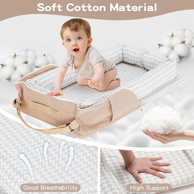 Baby Lounger for Newborn, Portable Breathable Baby Nest Infant Lounger Adjustable U-Shaped Safety Bumper for Cozy Comfort - Grey Houndstooth