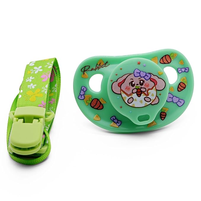 Adult Pacifier for Anxiety: Cute Paci Large Shield for Sleep - Handle Binky with Pacifier Holder Clips Cute Rabbit Green