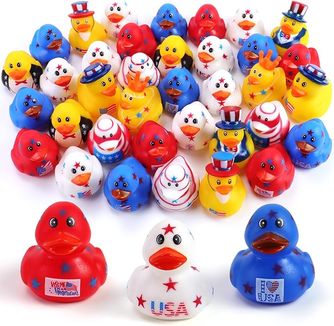 36 Pcs Patriotic Rubber Ducks Independence Day Gifts,4th of July Jeep Ducks,Rubber Duckies Bath Toys,Party Favors,Bags Stuffers,Holiday Supplies,Summer Beach and Pool Showers Toy