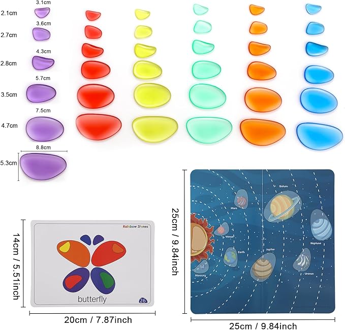 36 Pcs Translucent Pebbles, Rainbow Stones,Light Table Manipulatives Preschool,Light Table Accessories, Includes 24 Activity Cards