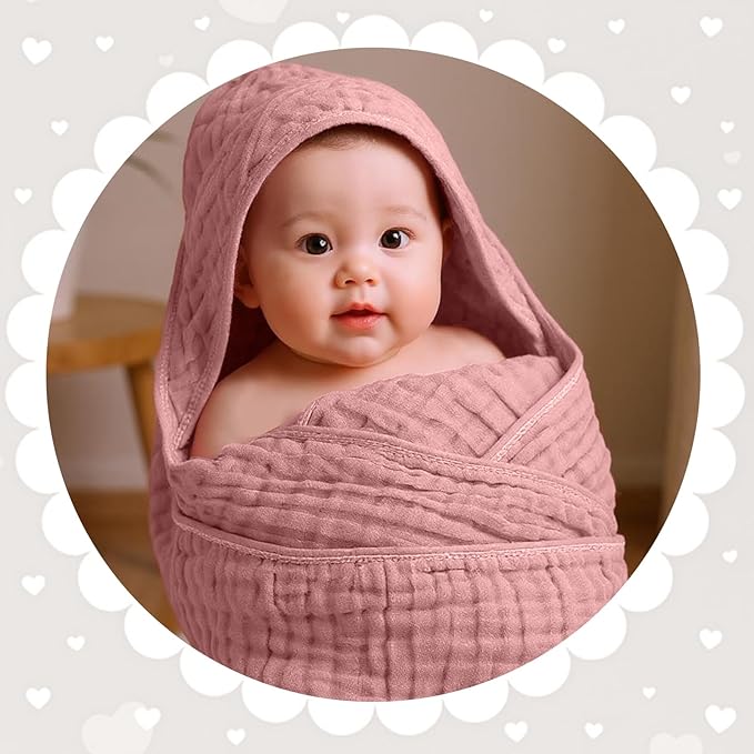 Peryiter 4 Pcs Muslin Hooded Baby Towels 32 x 32 Inch Cotton Newborn Bath Essentials Muslin Infant Blankets Absorbent Registry Gifts for Girl Boy Kids Baby Shower (Dark Color)