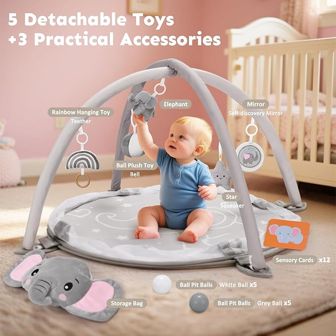 7-in-1 XL Large Baby Play Gym Mat, Tummy Time Mat, Baby Gym & Ball Pit, Baby Activity Mat with Milestone Cards & 6 Detachable Toys for Sensory Motor Skill, Elephant