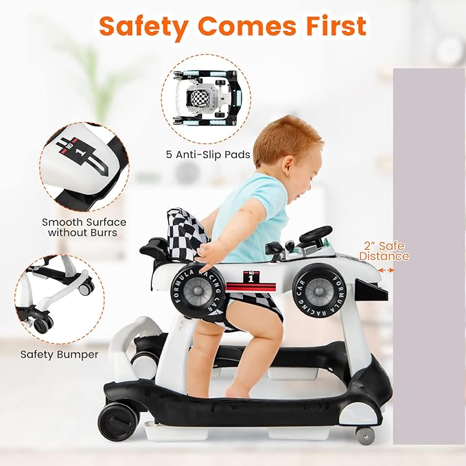 HOMGX Baby Walker with Wheels, Convertible Baby Push Walker & Race Car Mode, Infant Activity Center with Music Box, 3 Heights & 2 Speeds, Foldable Walkers for 6-18 Months (White)