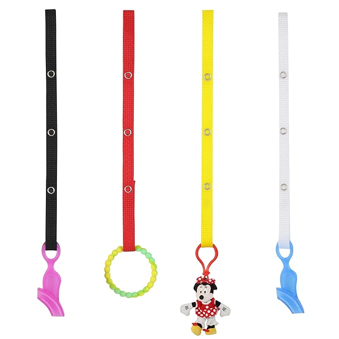 Baby Buddy Secure-a-Toy, Adjustable Pacifier and Teether Strap for Stroller, Highchair, and Car Seat, Navy Red Yellow White, 4 Pack - Made in USA