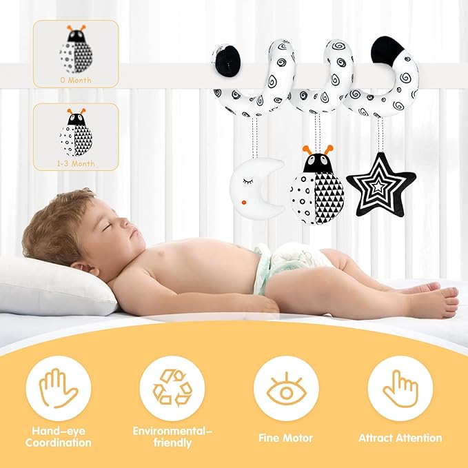 XIXILAND Car Seat Toys for Babies 0-6 Months & Black and White Baby Toys, Baby Toys 0-3 Months Developmental Infant Toys, High Contrast Baby Toys for Crib Mobile, Baby Toys Gift for 0 3 6 9 12 Months