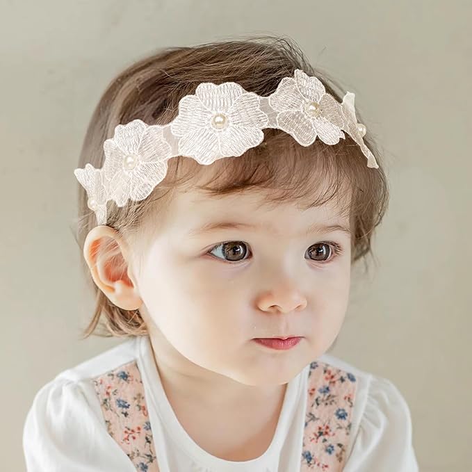 Baby Girls Flower Headbands Cute Kids Christening Headband Soft Lace Hairbands Floral Crown Newborn Infant Toddlers Hair Accessories for Birthday Party Photography(White Flower)