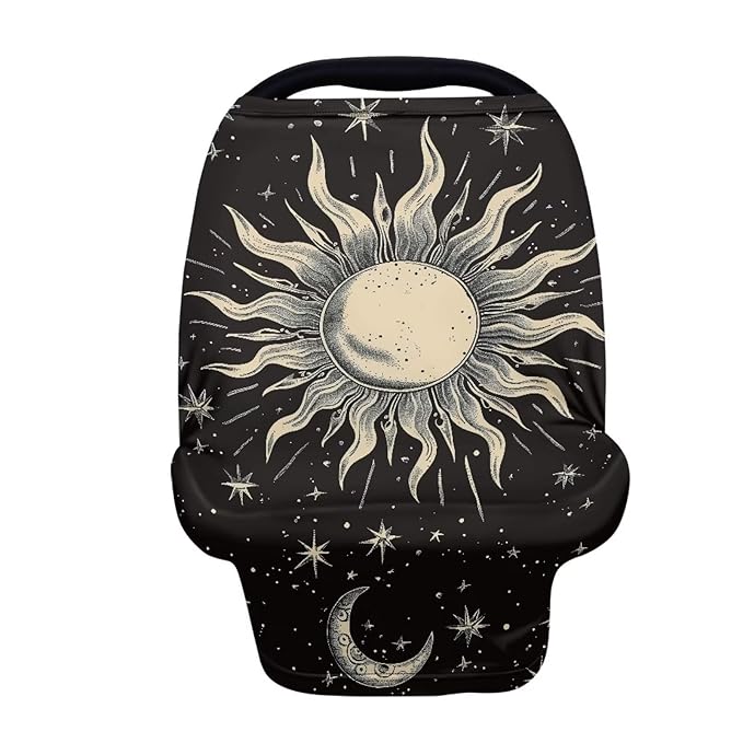 Moon and Sun Car Seat Canopy Breastfeeding Cover,Multi Use Baby Stroller and Carseat Cover Nursing Covers Boys and Girls Shower Gifts,Black