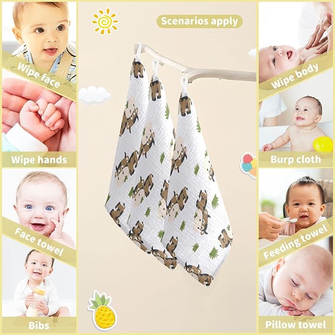 vvfelixl Cotton Brown Cow Grass Muslin Washcloths - Soft Baby Face Towel for Newborns, 11.8 X 11.8 Inch, 3 Pack