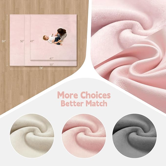 Velvet Baby Play Mat for Floor, 1.3" Thick Elasti-Foam 50"×50" Playpen Mat with Removable & Washable Velvet Cover for Toddler, Infant,Kids, Non-Slip Crawling Mat for Tummy Time (Pink)