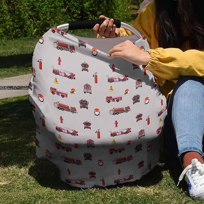 Fire Truck Cars Nursing Cover for Breastfeeding, Baby Infant Car Seat Shopping Cart Cover, Educational Red Grey Cartoon Rescue Themed Carseat Canopy Stroller Cart Cover for Babies Girls/Boys
