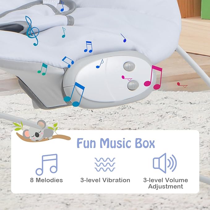HONEY JOY Baby Bouncer, Portable Infant Newborn Rocker & Stationary Seat w/Soothing Vibrations, Removable Bar, Music, Safety Harness, Bouncer Seat for Babies 0-6 Months up to 20 lbs, Gray Koala