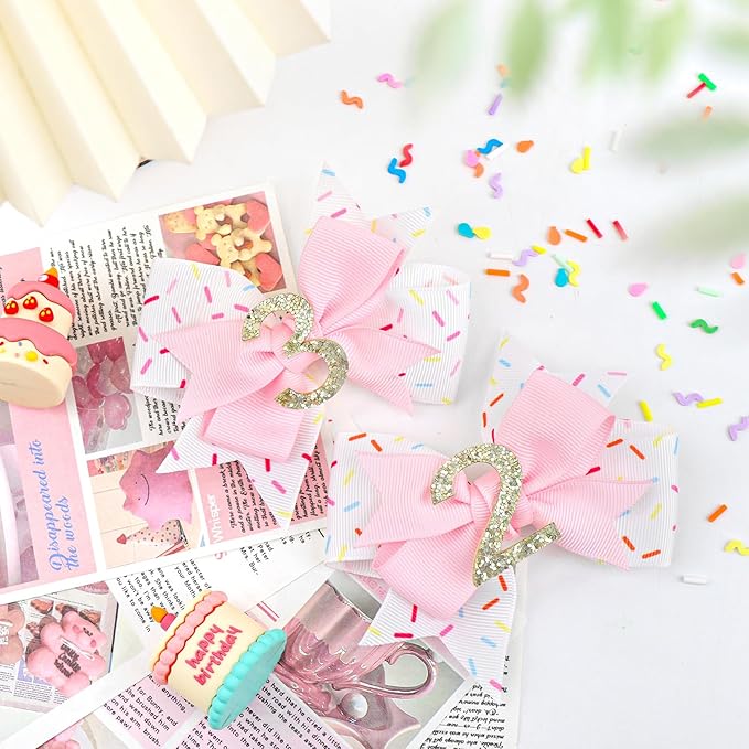 YanJie 1pcs 4'' Baby Hair Bow for 2 Years Old 2nd Birthday Outfit Girl Birthday Decorations for Girl Glitter Infants Hair Clips Accessories with Bows