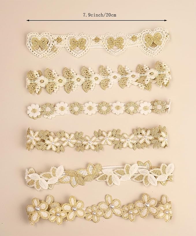 Baby Girl Gold Flower Lace Headband Toddler Elastic Floral Hair Band Newborn Infant Soft Lace Baptism Christening Hair Accessories for Birthday Party (Gold E, Standard size)