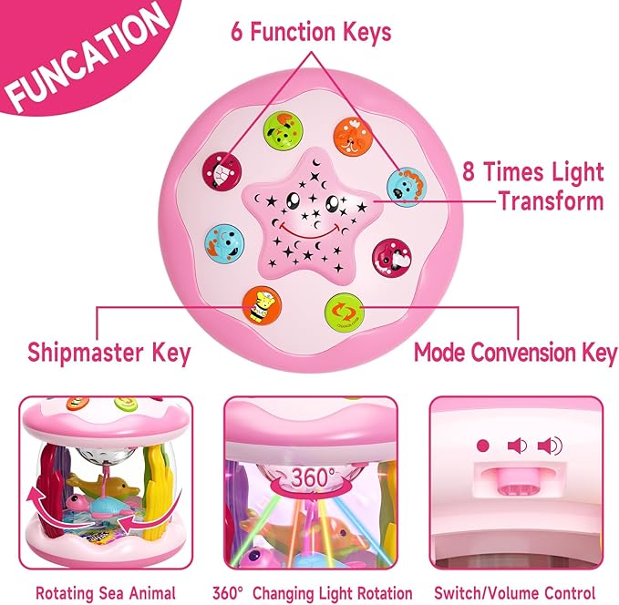 Letapapa Baby Toys 6 to 12 Months, 4 in 1 Ocaen Rotating Projector, Tummy Time Light Up Musical Toys for 6 7 8 9 12-18 Months, Educational Birthday Gifts for Baby Infants 1 2 Year Old Girls(Pink)