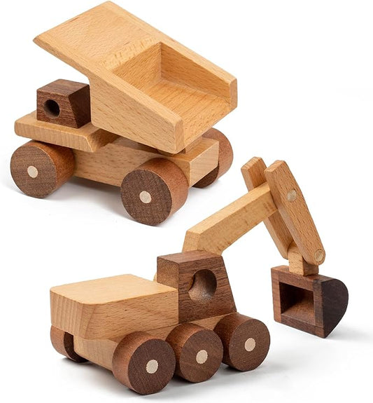 Wooden Toy Cars for 3 Year Old Boys & Girls - Construction Vehicles Set Push Toys for Toddlers, Wood Montessori Car with Rolling Wheels, Natural Wood Toys (Excavator & Dump Truck)