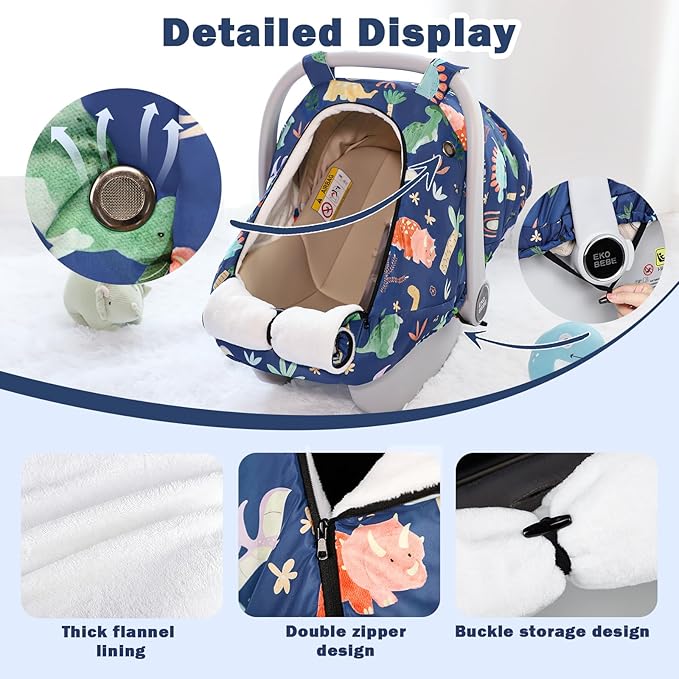 Winter Baby Car Seat Cover for Boys Girls, Warm and Cozy Infant Carseat Cover for Babies, Thickening Carseat Canopy Cover, Snow Resistant for Newborn Carrier Cover, Blue Dinosaur